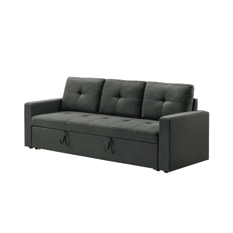 3 - Coussins d'assise pour canapé-lit en tissu gris foncé, 212 cm de largeur, 75,3 cm de profondeur, 88,3 cm de hauteur, 61,4 kg, lit gigogne 179 cm de largeur x 114,3 cm de profondeur, 39,4 cm x 185,4 cm de largeur, dossier 52,1 cm x 44,5 cm, 57,2 cm x 2,5 cm de hauteur, pieds en plastique noir, assises rembourrées de mousse.