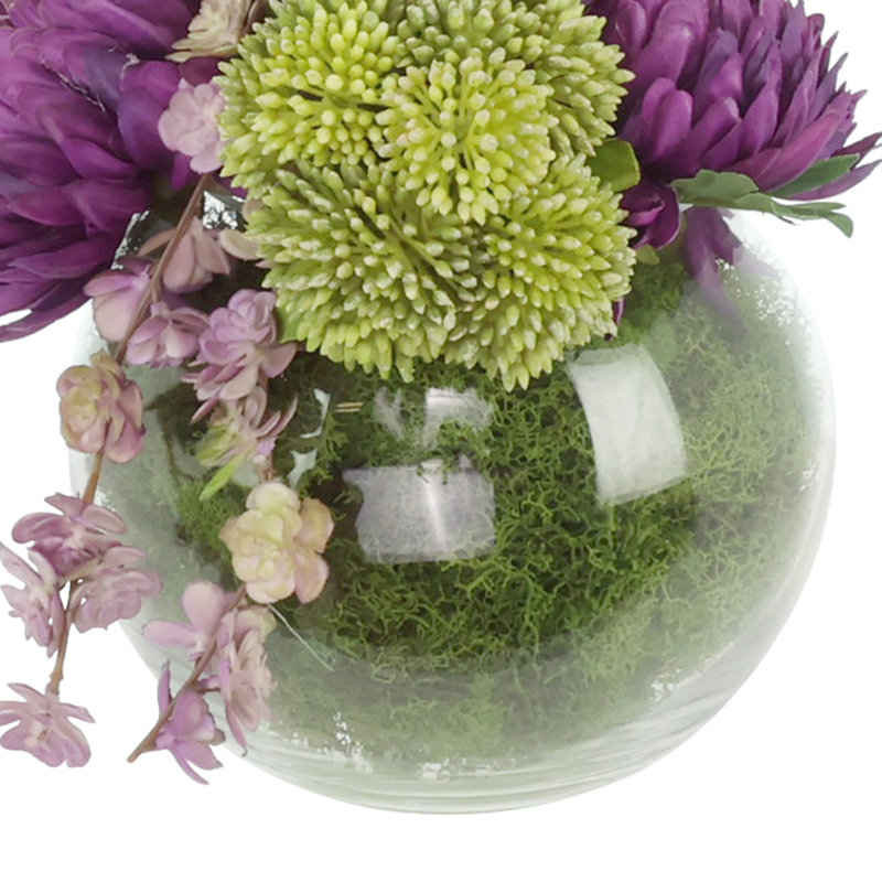 Crisel Sedum, mousse et maman disposés dans un vase en verre