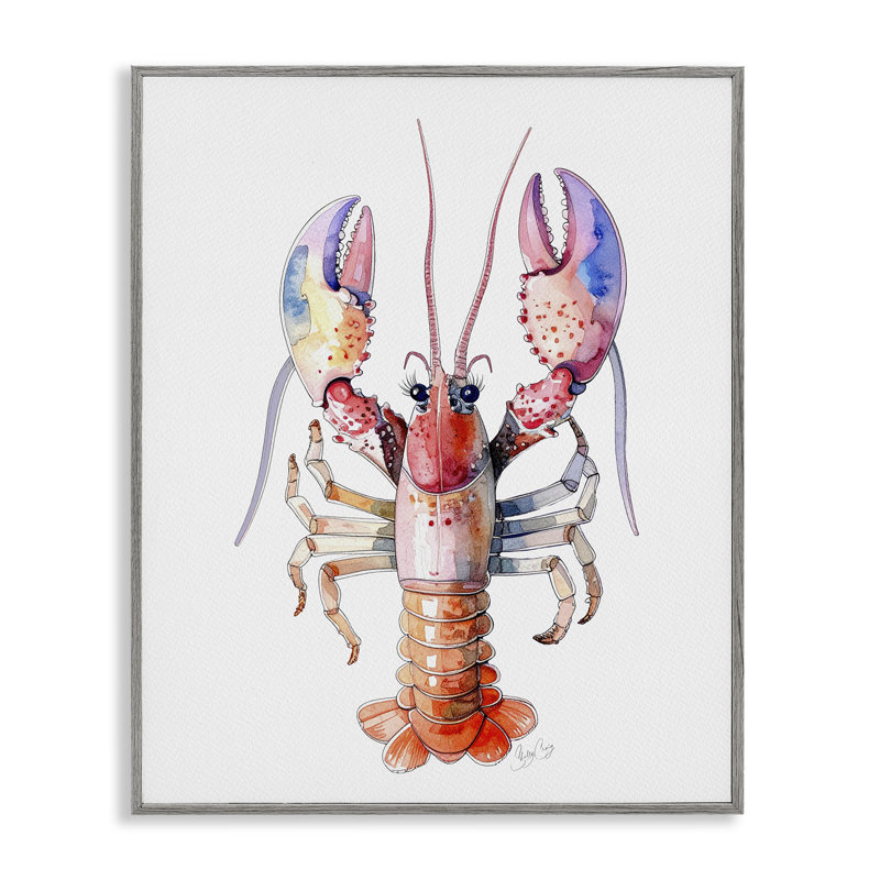 «Coral Claw Lobster», estampe numérique, design par Shelly Craig, H 30 po x l 24 po, Giclée de ferme grise encadrée