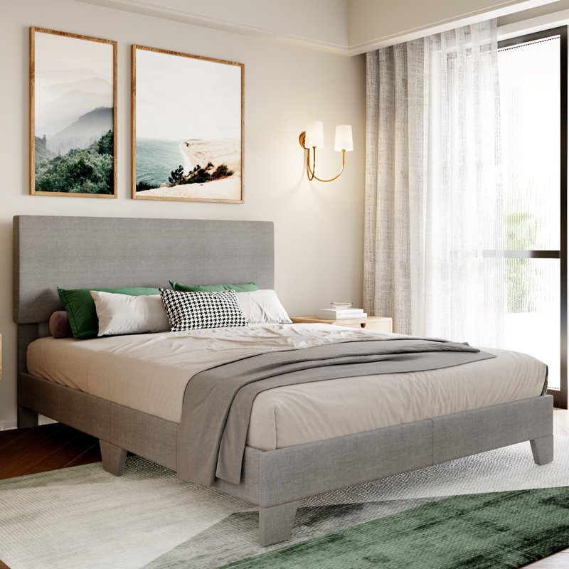 Lit plateforme simple tapissier Avel, Grand, Lin gris pâle