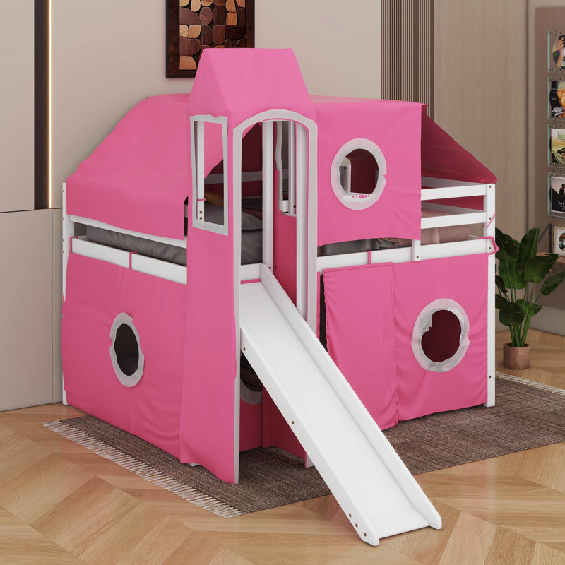 Lit mezzanine double avec tente et tour, Rose