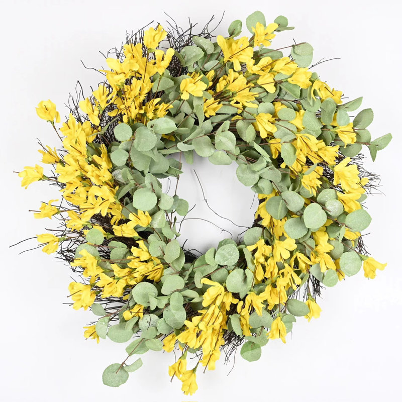 24" Artificial Eucalyptus Forsythia Summer Wreath For Front Door