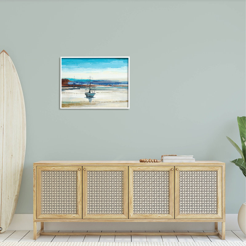Abstrait bateau, art de la giclée par Liz Jardine, H 24 po x l 30 po x P 1,5 po, Giclée encadrée blanc bord de mer