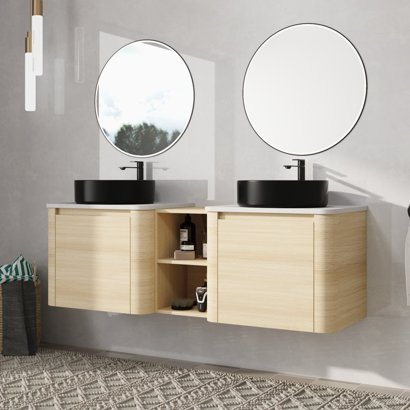 Meuble-lavabo double 60 po avec lavabo en céramique, 60", Noir