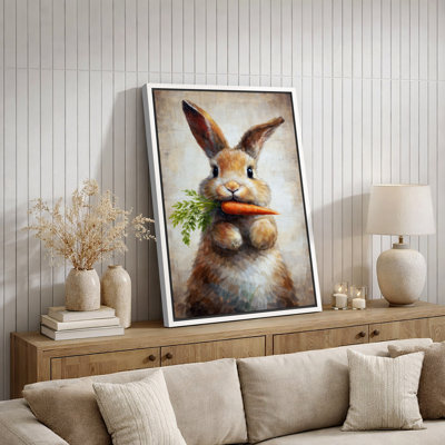 Adorable lapin tenant une carotte, portrait animalier, chambre d'enfant, impression sur toile