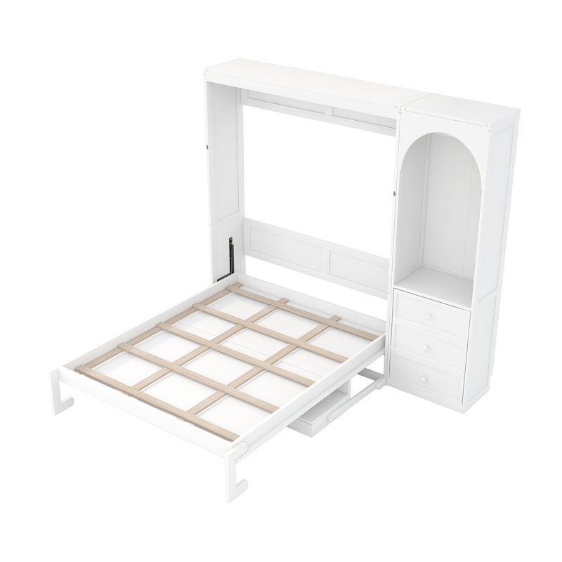 Grand lit escamotable, grand lit escamotable pliable avec tablette de rangement, tringle à DEL et 3 tiroirs, White