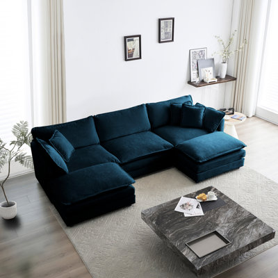 Ensemble de salon modulaire en forme de U, 5 avec 2 repose-pieds, chenille bleue, base en bois massif pour repose-pieds modulaire réversible, cadre de maison