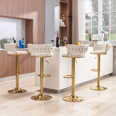 Aryelle Velvet Upholstered Bar Stools with Woven Backrest, Height Adjustable Counter Stools with Low Back, Swivel Kitchen Stools for Kitchen Island, Bar, Pub