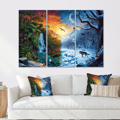Ensemble d'art mural Equinox Spring Waterfall Winter Snow Wolf - River