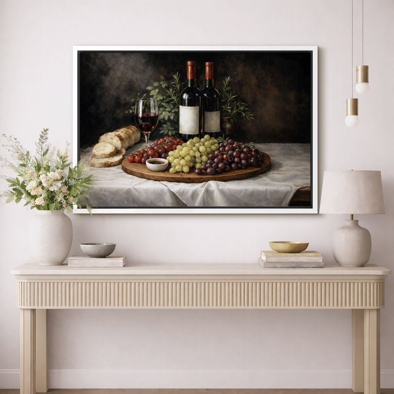 «Rustic Wine and Grapes Still Life», œuvre d'art classique, impression sur toile encadrée, H 16 po x l 24 po x P 1,5 po