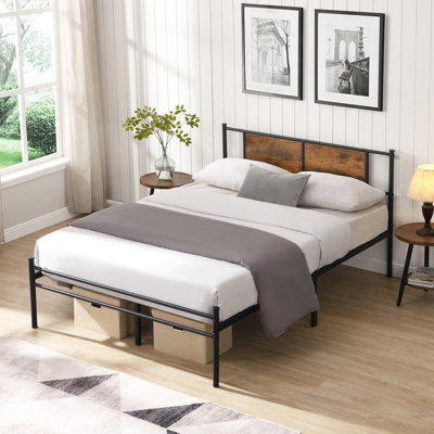 Très grand cadre de lit avec tête de lit en bois noir, structure en acier pour une utilisation à long terme et silencieuse, conception silencieuse, rangement discret, installation sans effort, décoration de tête de lit adaptée à tous les types de matelas, métal stable