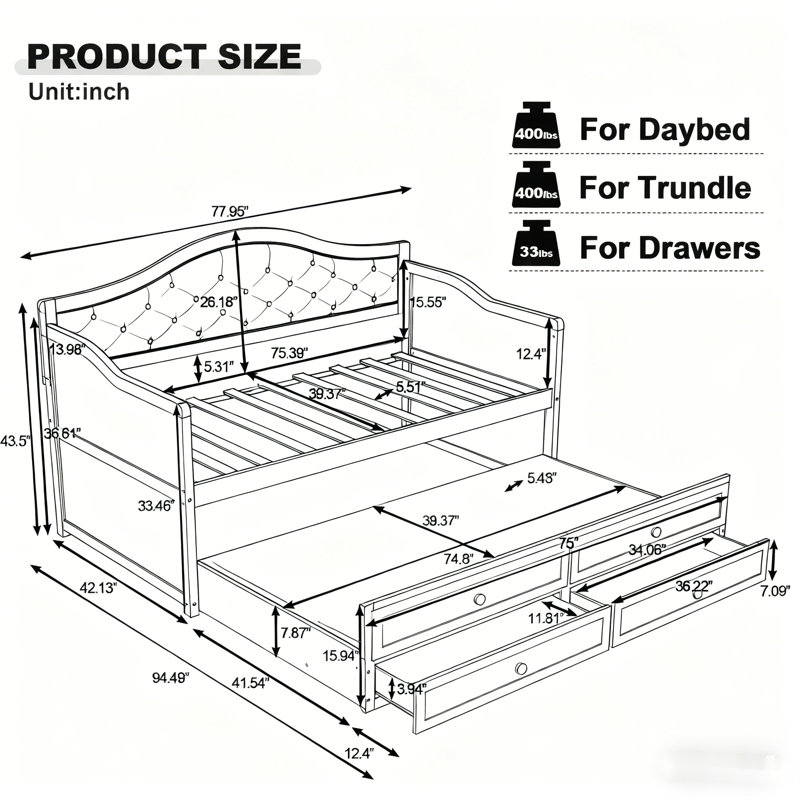 Daybed with 2 Storage Drawers and Trundle, Walnut