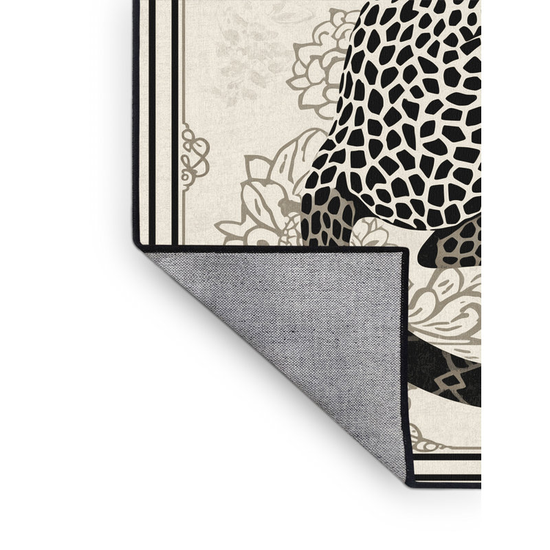 Machine Washable Ozain Cheetah Traditional Oriental Rug in Beige – Black Binding, 5x8