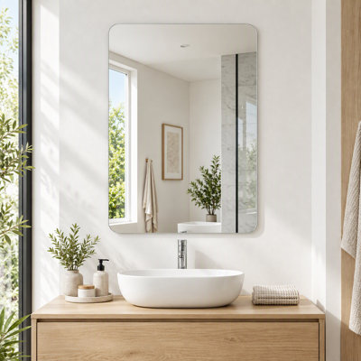 40" x 30" Modern Frameless Bathroom Vanity Mirror, Rounded Rectangle Wall Mirror with 5mm Silver Glass, Vertical or Horizontal Hanging