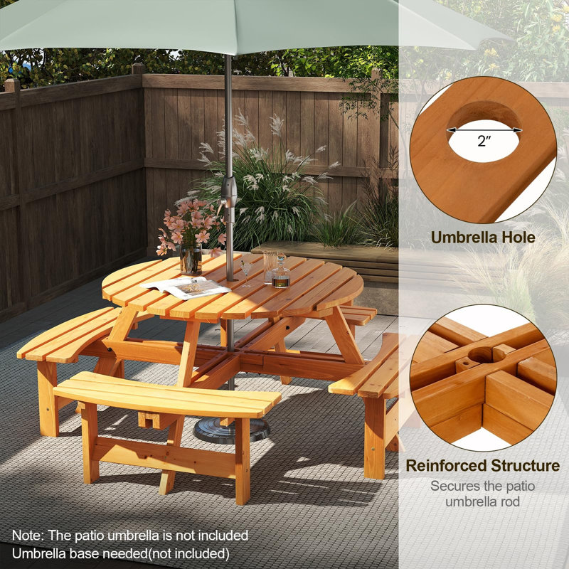 Ensemble de table de pique-nique en bois pour 8 personnes, table de camping ronde avec trou pour parasol, Jaune