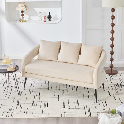 Causeuse de 53,7 po en velours moderne à dossier ouvert avec 3 coussins, petit canapé confortable à 2 places pour les petits espaces avec des pieds en métal, salon chambre bureau dortoir, beige
