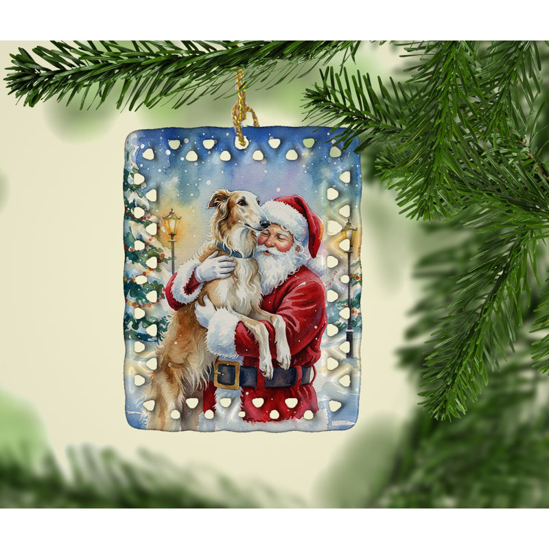 Ornement en porcelaine Barzoï / avec le Père Noël, Barzoï