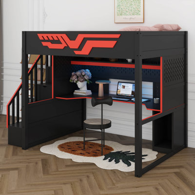 Lit mezzanine pleine grandeur avec bureau et escalier de rangement, cadre de lit mezzanine avec lumières DEL et USB