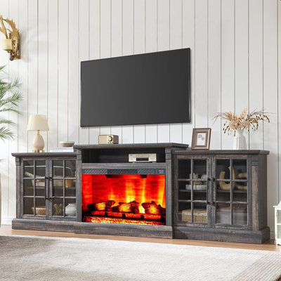 Meuble télé noir avec foyer - meuble télé, console multimédia avec grand rangement et tablettes réglables pour le salon