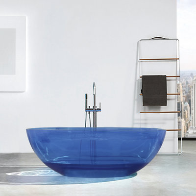 Baignoire de trempage autoportante, 64 pouces, bleu transparent, ovale, finition en résine de haute qualité, bleu transparent, trempage, style contemporain