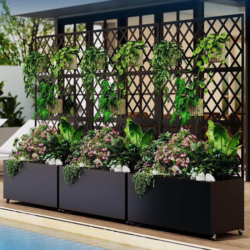 Lit de jardin surélevé en acier avec treillis et écran d'intimité, jardinière avec roulettes verrouillables