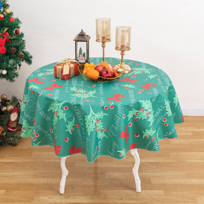 Christmas Vinyl Tablecloth with Flannel Backing Round 60in,Waterproof Green Red Bow Lettering