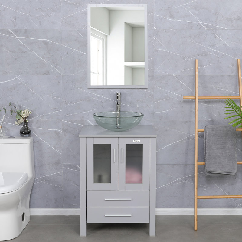 Ensemble de meuble-lavabo simple 24 po avec lavabo vasque, robinet et drain, Gris