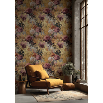 Papier peint floral avec adhésif mural rose