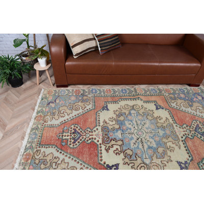 Tapis turc fait à la main en laine orange vif pour espaces de cuisine avec motifs classiques Anatolian et Oushak