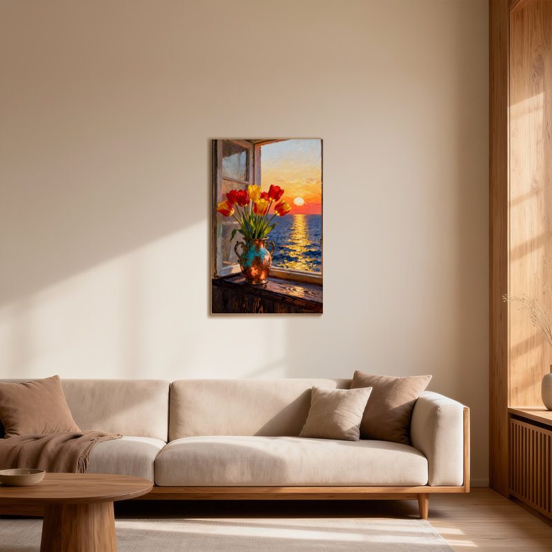 Plantes et fleurs, coucher de soleil, vue sur l'océan, tulipes dans un vase, H 20 po x l 30 po