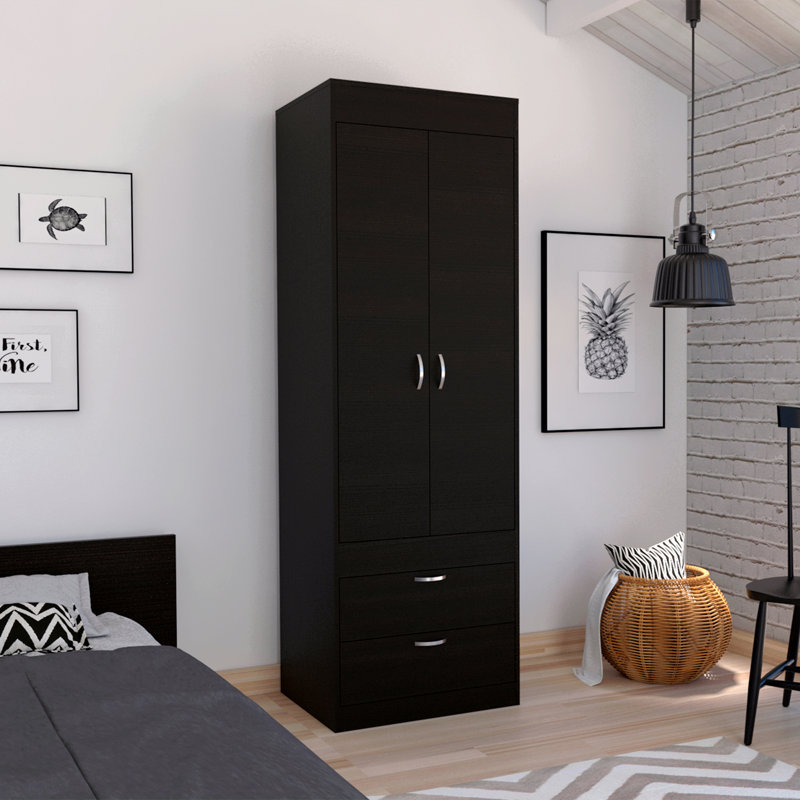 Armoire, tringle, porte double, deux tiroirs, poignées en métal, Noir
