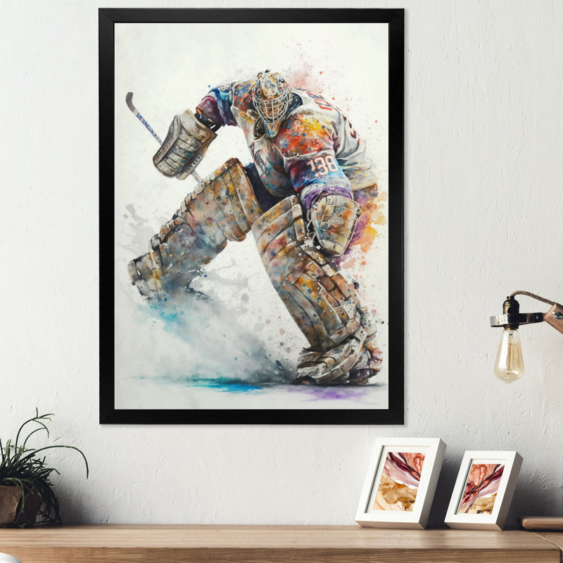 «Hockey Gardien sur glace pendant le jeu III», impression sur toile, Impression noire sur toile encadrée