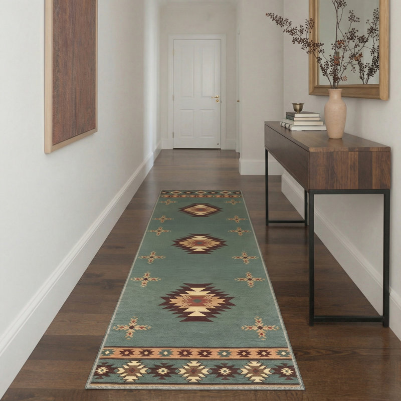 Southwestern Sage Tribal Medallion Oriental Performance Area Rug, Machine Washable, Soft Faux Cashmere& Non-Slip Backing