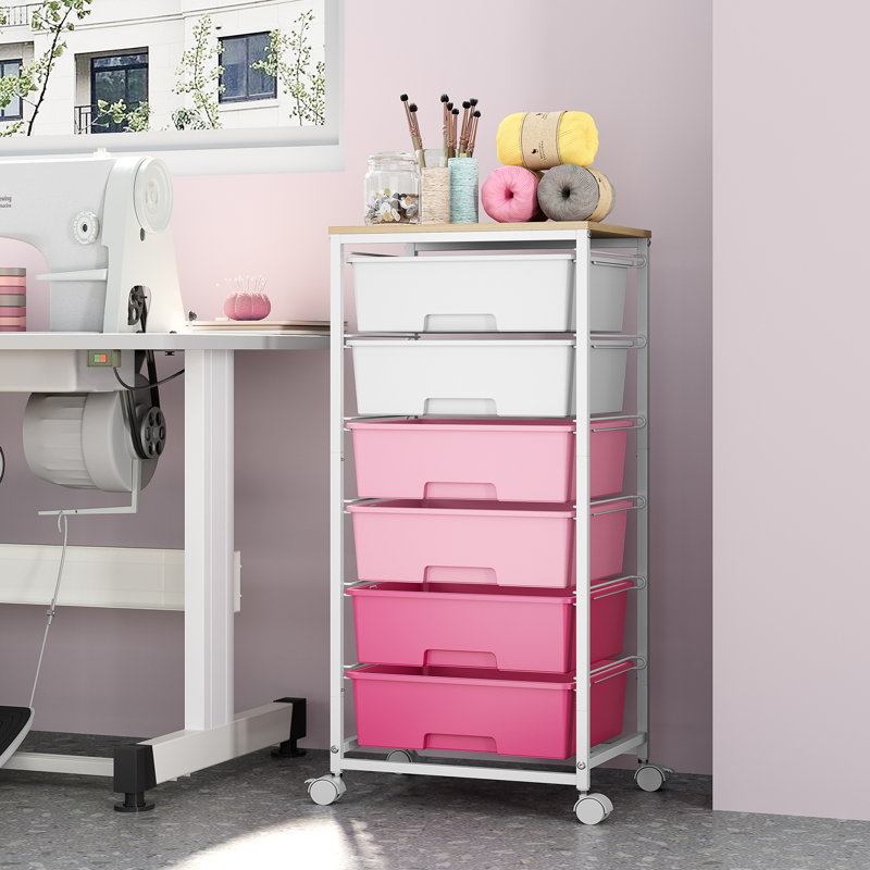 Rolling Storage Drawers with Wheels ,Utility Cart with 6 Large Drawers and Wooden Tabletop, Pink
