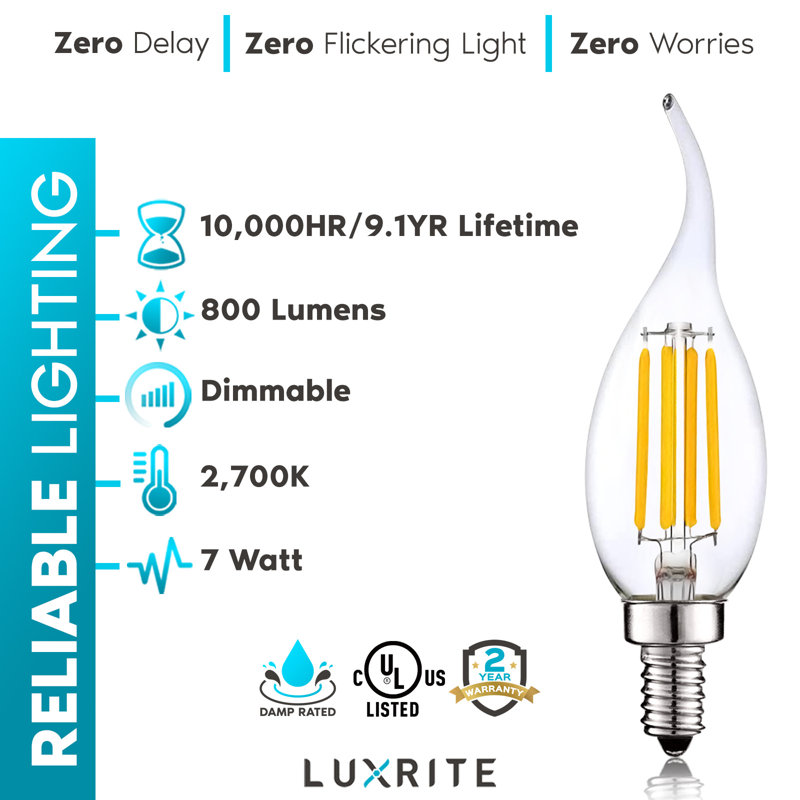 7 watts (équivalent à 100 watts), DEL CA11, intensité variable, blanc naturel, base E12 / candélabre, 2700 K, 6