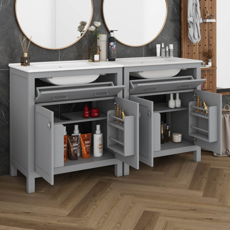 Ensemble de meuble-lavabo 60 po avec lavabo double, ensemble de meuble-lavabo double (séparé), tablette réglable, portes à fermeture en douceur et tiroir rabattable