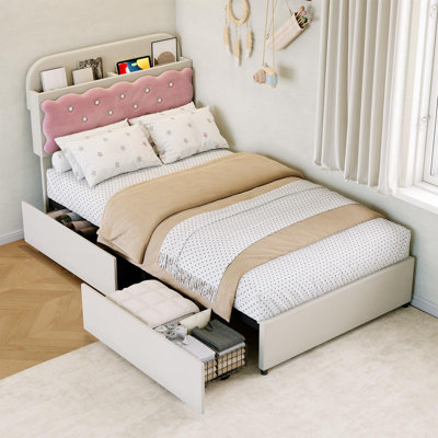 Twin Bed Frame with Velvet Headboard, 2 Drawers Storage, White&Pink | Cookie Sandwich Headboard