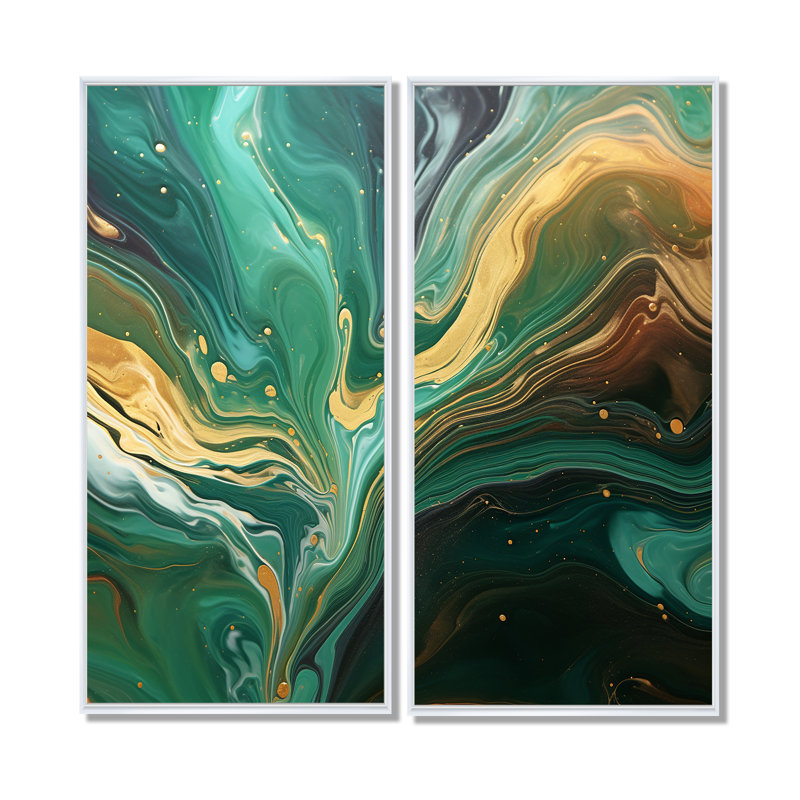 Abstrait vert et or Marble River IV - art mural moderne sur toile, 20" H x 24" W, Impression encadrée flottante, White