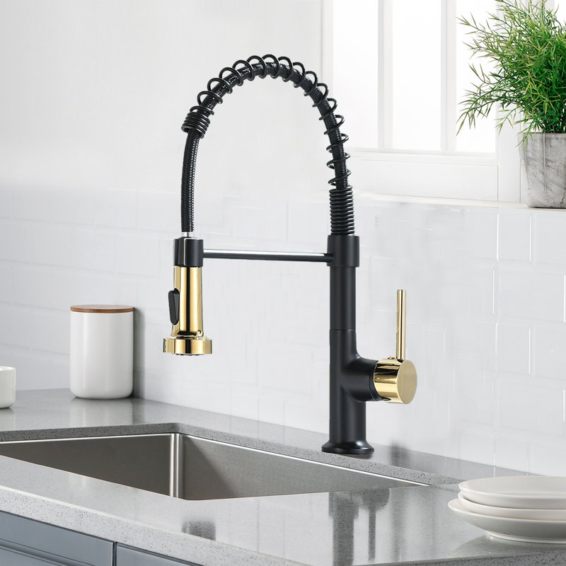 GAWEZA Pull Down Kitchen Faucet, Blak/Gold