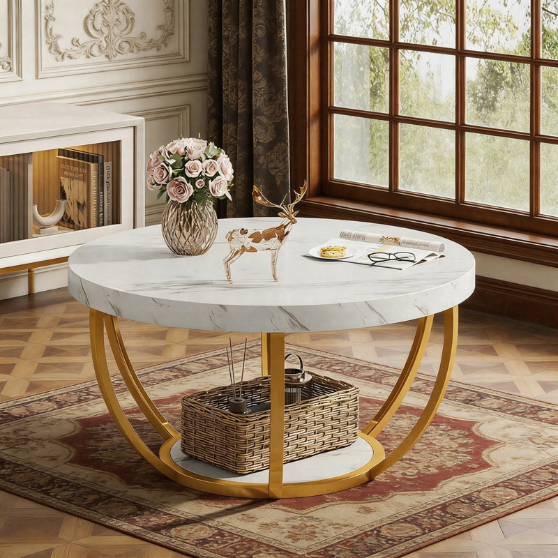 Table basse ronde moderne (table incluse seulement), Blanc, Doré, Marbre
