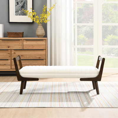 Banc en chenille beige de 52 po de style Mid-Century avec pieds en bois de noyer, idéal pour la cuisine et le salon Tabouret moderne à structure en bois d'hévéa, entrée