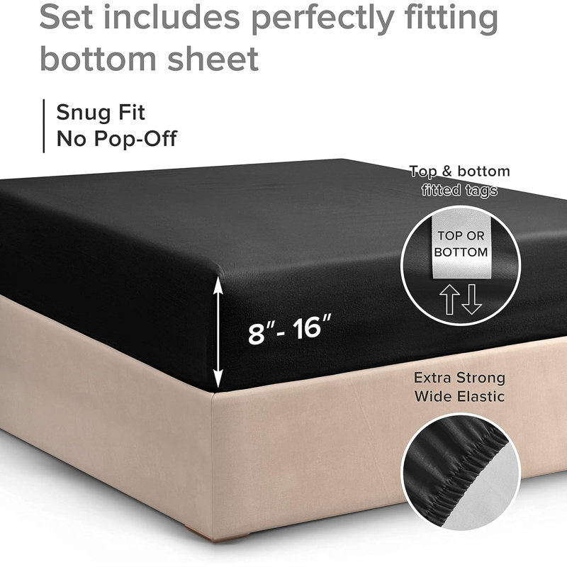 Fitted Sheet Only, Soft Cooling Bed Sheet, Breathable Hotel Luxury Bedding, Deep Pocket 8–16 Inch Mattress Fit, Black, King