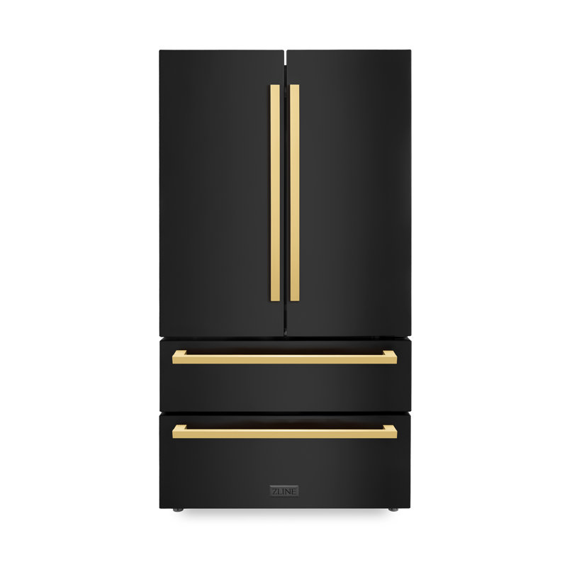 ZLINE Autograph Edition 36 in. 22.5 cu. ft. Counter-Depth French Door Refrigerator with Ice Maker in Fingerprint-Resistant Stainless Steel with Polished Gold Modern Handles