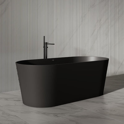 Baignoire de trempage autoportante noire solide de 65 po x 28 po avec trop-plein et bonde escamotable pour salle de bain MonBlari
