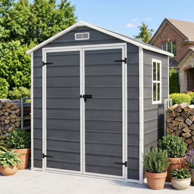 6×4 FT Weatherproof Resin Outdoor Storage Shed, Lockable Tool Shed with Reinforced Floor, 66lbs Capacity Interior Shelf, Window & Roof Vent for Garden Patio Backyard