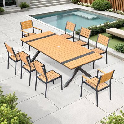 Ensemble de salle à manger pour 8 personnes avec structure en aluminium, trou pour parasol, chaises empilables et sans accoudoirs