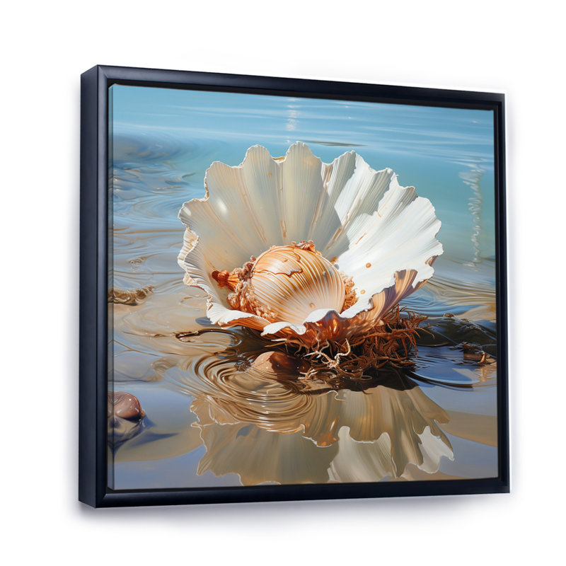 White Clam Ocean Whispers - Animals Canvas Wall Art, Cadre flottant noir, H 30 po x l 30 po x P 1 po