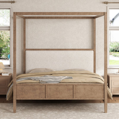 Très grand lit plateforme à baldaquin en bois avec tête de lit tapissier
