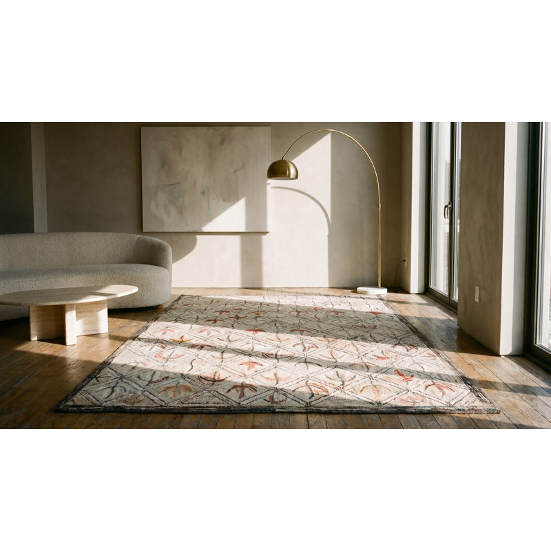 Light Ivory Antique American Folk Art Leaf Pattern Hooked Cotton Rug