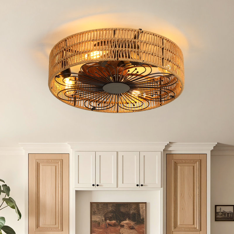Arachne 19.7'' Farmhouse Caged Ceiling Fan with Light & Remote, Handwoven Rattan Shade, 5 LED Bulbs Included, Low Profile Ceiling Fan for Bedroom & Kitchen